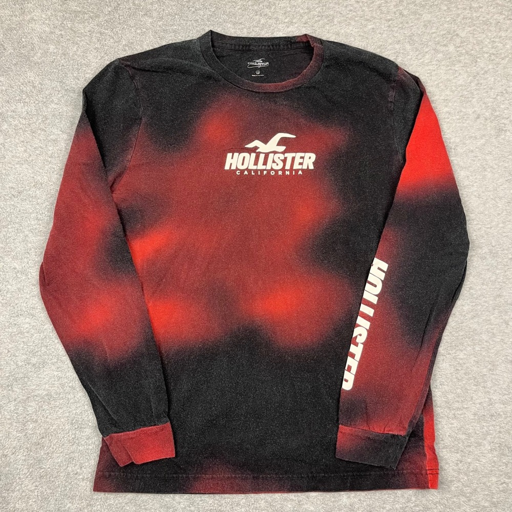 Hollister T-Shirt Mens Medium Black Red Long Sleeve Graphic Logo